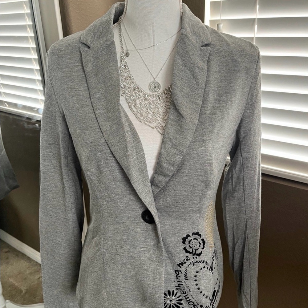 Desigual Gray Blazer with Artistic Floral Design